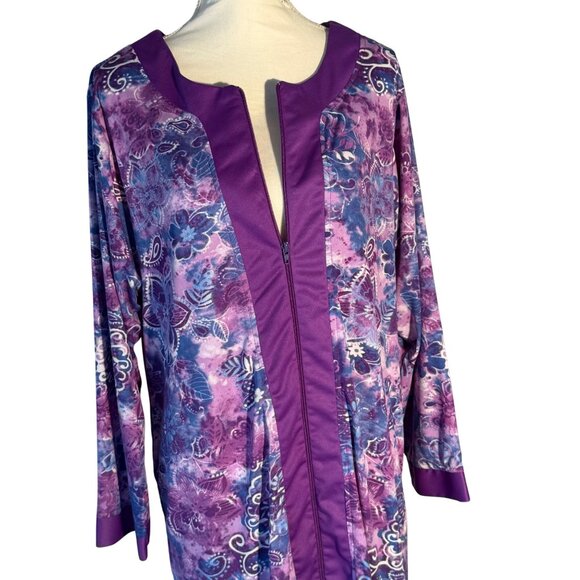 VTG Purple Floral Silky Long-Sleeve Robe Loungewear Zipper Pockets Size L Womens - Picture 4 of 14